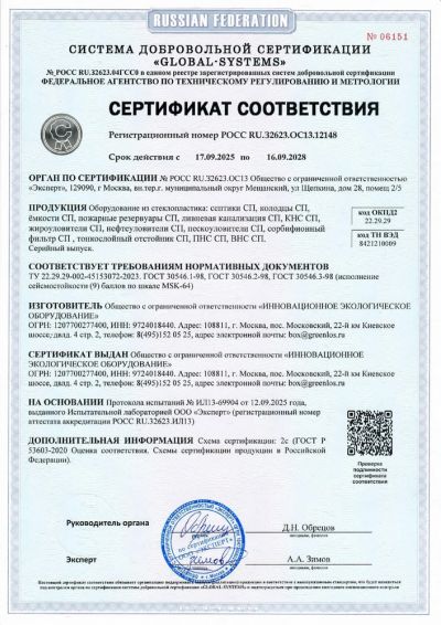 Сертификат сейсмостойкости изделий из стеклопластика